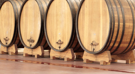 Letting the wine mature. wine barrels in a row in a distillery.