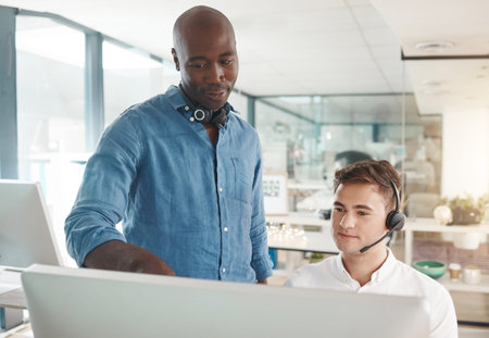 Man learning customer service training for telemarketing call center job, talking about crm and...