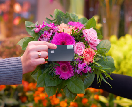 Purchasing some purple flowers. a woman buying flowers with her credit card from a florist.の写真素材