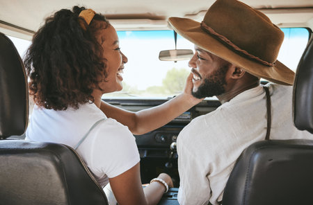Road trip, black couple and summer freedom on holiday, relax and adventure in Brazil. Traveling woman, driving man and happy love journey, funny date or vacation drive together in motor car transportの写真素材