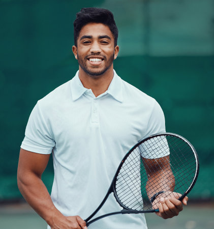 Portrait of smiling indian tennis player holding a racket on a court. Happy fit ethnic sports professional standing alone and feeling confident in a sports club. Ready for an athletic and healthy gamの写真素材