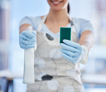 One unrecognizable woman holding a cleaning product and sponge while cleaning her apartment. An unknown domestic cleaner wearing latex cleaning glovesの写真素材