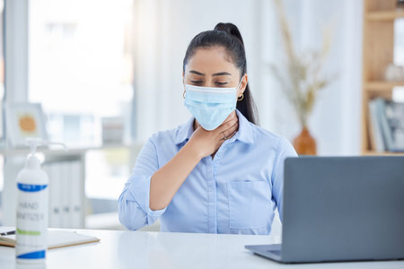 Covid, sick and face mask woman at work in company office or workplace. Business worker with health,...