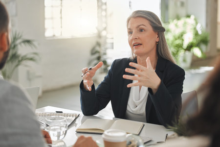 Businesspeople talking in a meeting together at work. Business professionals talking and planning in an office. Mature caucasian businesswoman explaining an idea to colleagues at a tableの写真素材