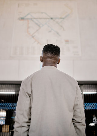 Black man looking at a map while travelling in a station. Reading a map for guidance and directionsの写真素材