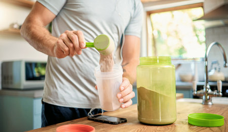 Closeup of one caucasian man pouring a scoop of chocolate whey protein powder to a health shake for energy for training workout in a kitchen at home. Guy having nutritional sports supplement for muscの写真素材
