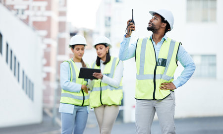 Communication, construction and architect worker talking on tech about building project in the city...