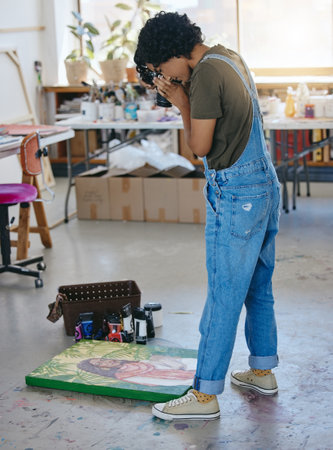 Woman, art painting or camera photograph for ecommerce website, online shopping store or creative about us brand. Designer artist, painter or canvas photography for social media e commerce portfolioの写真素材