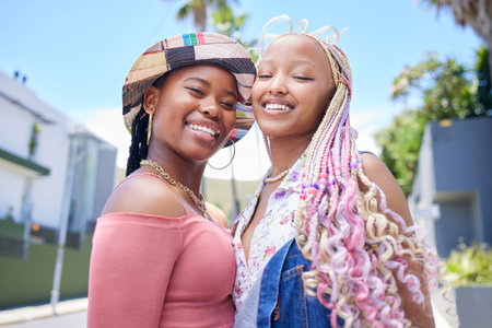 Friends, fashion and vacation with a black woman and sister outdoor in the city for fun, holiday or travel. Happy, smile and together with a young African American female and her friend outsideの写真素材