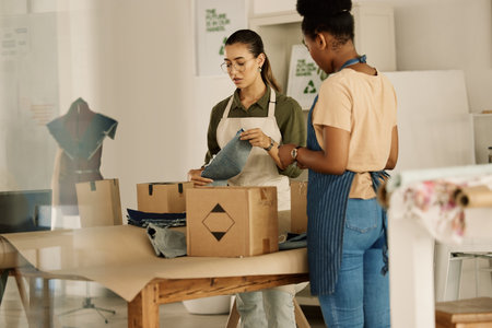 Two colleagues unpacking boxes. Fashion designers packing stock order together. Tailors unpacking boxes of denim fabric. Businesswoman packing a box of material samples with coworker.の写真素材