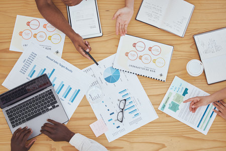 Planning, marketing and business hands with documents for finance report, seo analytics and chart...