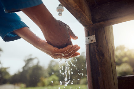 Cleanliness is important on this farm. an unrecognisable farmer standing alone and washing his hands on his farm.の写真素材