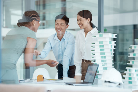 Architecture meeting, engineer or designer and laptop, blueprint paper or 3d office building model...