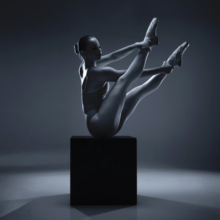 Ballet, dance or woman shadow in art silhouette in creative ballerina training, workout or stage exercise. Freedom, dancer or girl model stretching for wellness, health or studio theatre performanceの写真素材