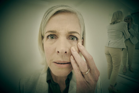 One Caucasian woman suffering mental illness in an asylum. A mature woman terrified after...