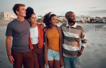 Diversity, friends and happy with view at beach together on holiday, road trip and getaway being calm and peaceful. Ocean, diverse couples and have fun at seaside vacation, smile and enjoy to travel.の写真素材