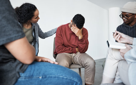 Man having a breakdown during group therapy session about addiction. Counsellor giving support to depressed crying african man at group psychological treatmentの写真素材