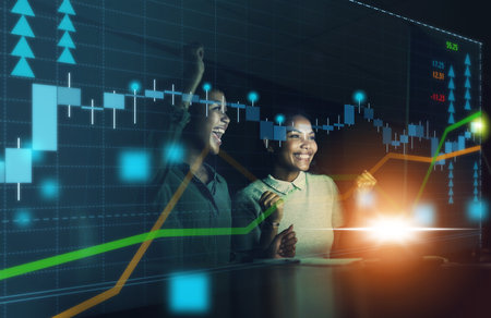 Success, digital and stock market with women growth of financial trading for cryptocurrency, forex or economy. Analytics, investment and chart of future finance marketing with employees and goalsの写真素材