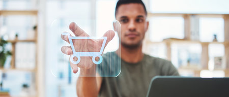 Man online shopping cart, hologram and ecommerce tech connection, grocery network and fintech digital marketing. Hands, webshop interface and user connection to internet store, future system and iconの写真素材