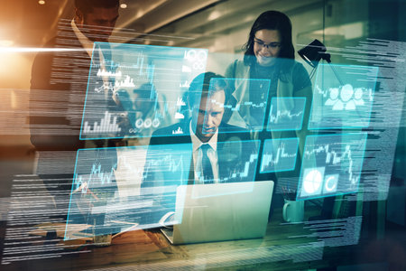 Business people, laptop or 3D networking abstract in night office with digital marketing software,...