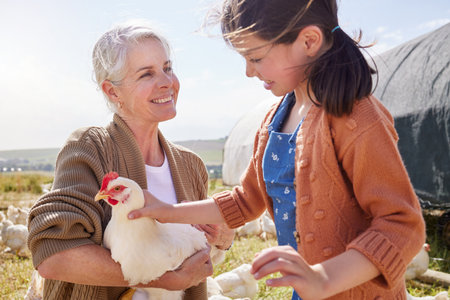 I think shell make a great farmer. a mature woman bonding with her granddaughter on a poultry farm.の写真素材