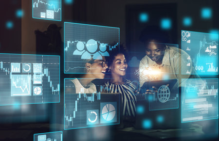 Stock market, overlay and trading team on finance, blockchain and forex digital website working on a...