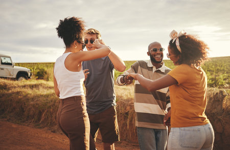 Freedom, dance and friends on a road trip adventure, journey or holiday in the countryside....