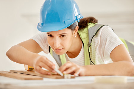 Making sure it all lines up perfectly. an attractive young construction worker standing alone and using a ruler to measure a beam of wood.の写真素材
