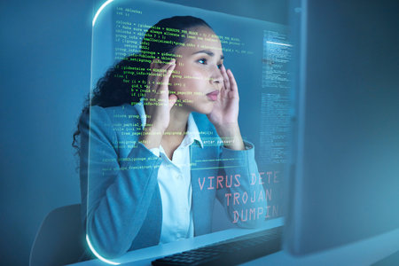 Come on think. an attractive young businesswoman sitting alone in the office and using a cgi screen.の写真素材
