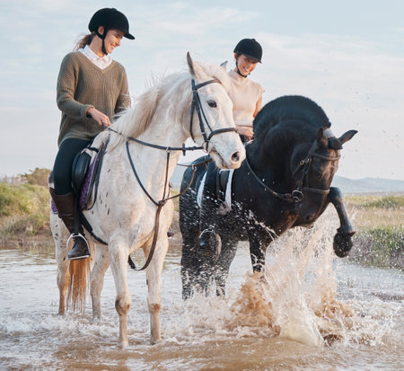 Horses like putting on a show too. two young women out horseback riding together.の写真素材