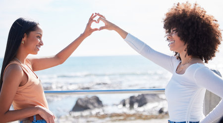 Friendship is another word for love. two young women making a heart shape with their fingers outdoors.の写真素材