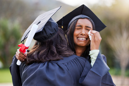 I would never have made it without you. an attractive young female student crying while hugging her friend on graduation day.の写真素材