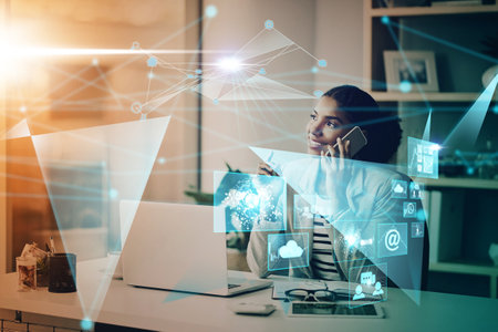 Office, technology and phone call, woman with hologram for cloud computing, ui and internet connection. Graphic communication network, digital transformation and future consulting ux on smartphone.の写真素材