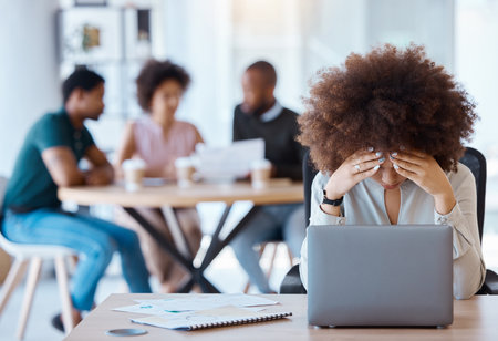 Business woman stress, burnout or laptop anxiety with 404 error, financial stress or mental health at work. Depression, tired or headache from tax, audit or company finance review report tech glitchの写真素材