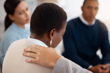 Mental health, support and black woman in a counseling therapy session with a group of people helping with stress. Meeting, anxiety and depressed employee sad in debt, grief and depression at workの写真素材
