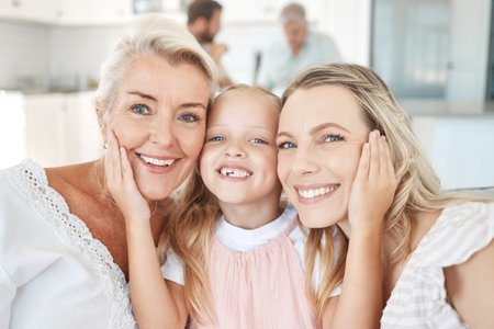 Facial portrait of child, grandmother and mother bonding in kitchen for family happiness and love at...