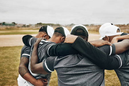 Baseball people and sport team strategy in huddle at game on field for motivational support. Professional men athlete softball group prepare to play outdoor tournament in teamwork collaboration talkの写真素材