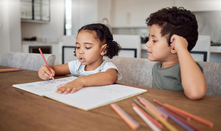 Creative, family and children drawing learning creativity from an education or artistic preschool...