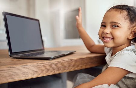 Education, online learning and girl with question on laptop, webinar or online class. Distance...