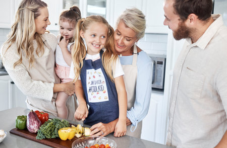 Big family, salad and kitchen with grandmother, children and parents for food education, teaching...