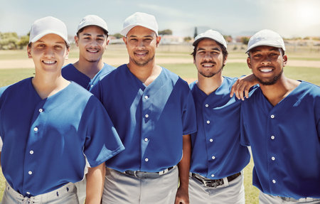 Baseball, team and portrait on baseball field with sports people standing in support of training,...