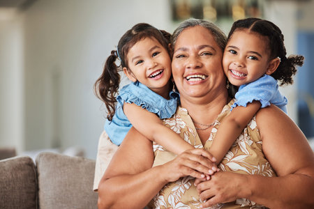 Relax, smile and grandma with children on sofa for family, happy and love together. Retirement, hug...