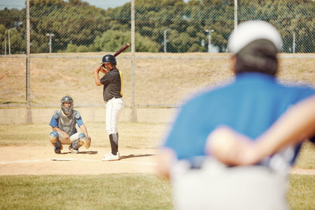 Team, baseball and pitch in sports game for exercise, collaboration and player with bat ready to hit ball. Teamwork, fitness and athletes on baseball field for training, practice or softball matchの写真素材