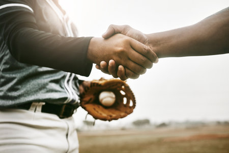 Baseball, fitness or zoom of handshake for training, wellness or team exercise game. Thank you, health or sport success with people for respect shaking hands for sports workout or event on fieldの写真素材