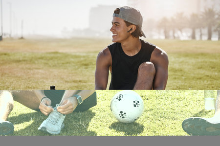 Soccer field, sports gear and man on field, tying shoe laces for competition, game prepare or outdoor training. Gen z college or university person with sneakers for outdoor football practice on pitchの写真素材
