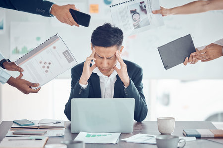 Stress, tired and business man with burnout, headache and frustrated work pressure with hands of...
