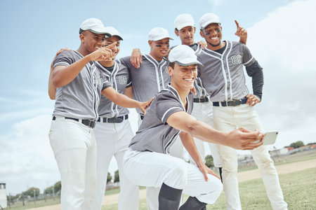 Selfie, team and baseball, happy and sports men, baseball player together with smartphone and...