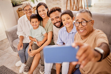 Selfie, family and phone with grandfather taking a photograph of his grandchildren and their parents...