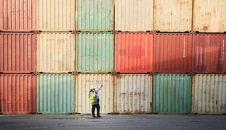 Logistics, shipping yard and cargo containers manager woman talking on phone for communication for...