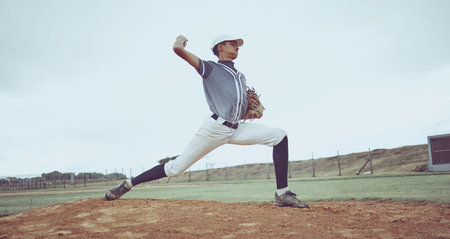 Sports game, baseball field and man throw ball in competition, practice match or pitcher training...